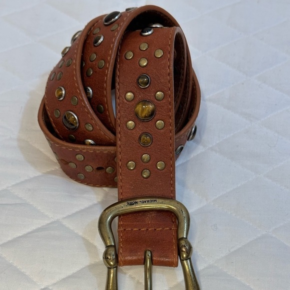 Michael Kors Brown Boho Wide Genuine Leather Beaded Studded Belt Buckle Size L - Picture 9 of 12